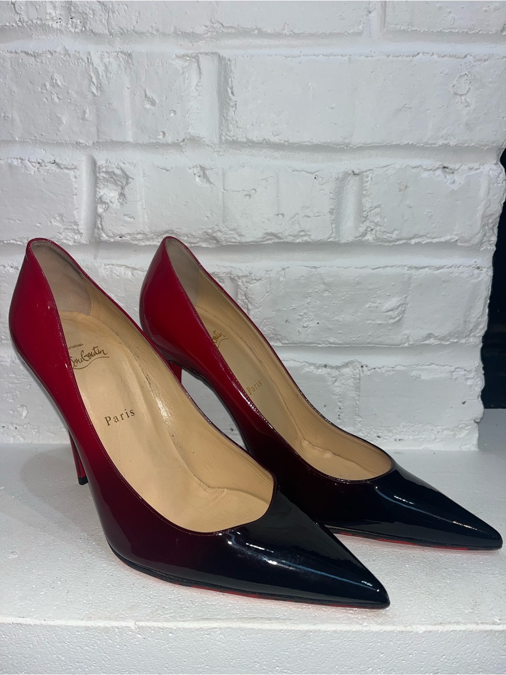 Christian Louboutin Two-Tone Red and Black Patent Pointed Pumps